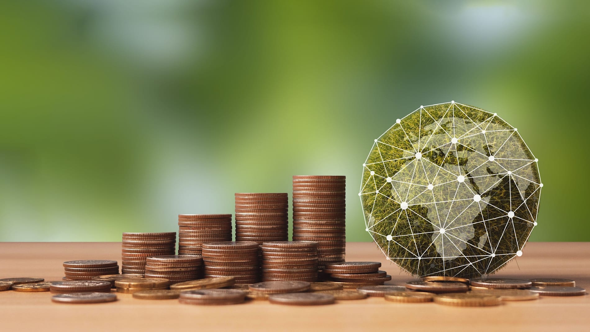 Green Globe with Network connection and stack of silver coins. 