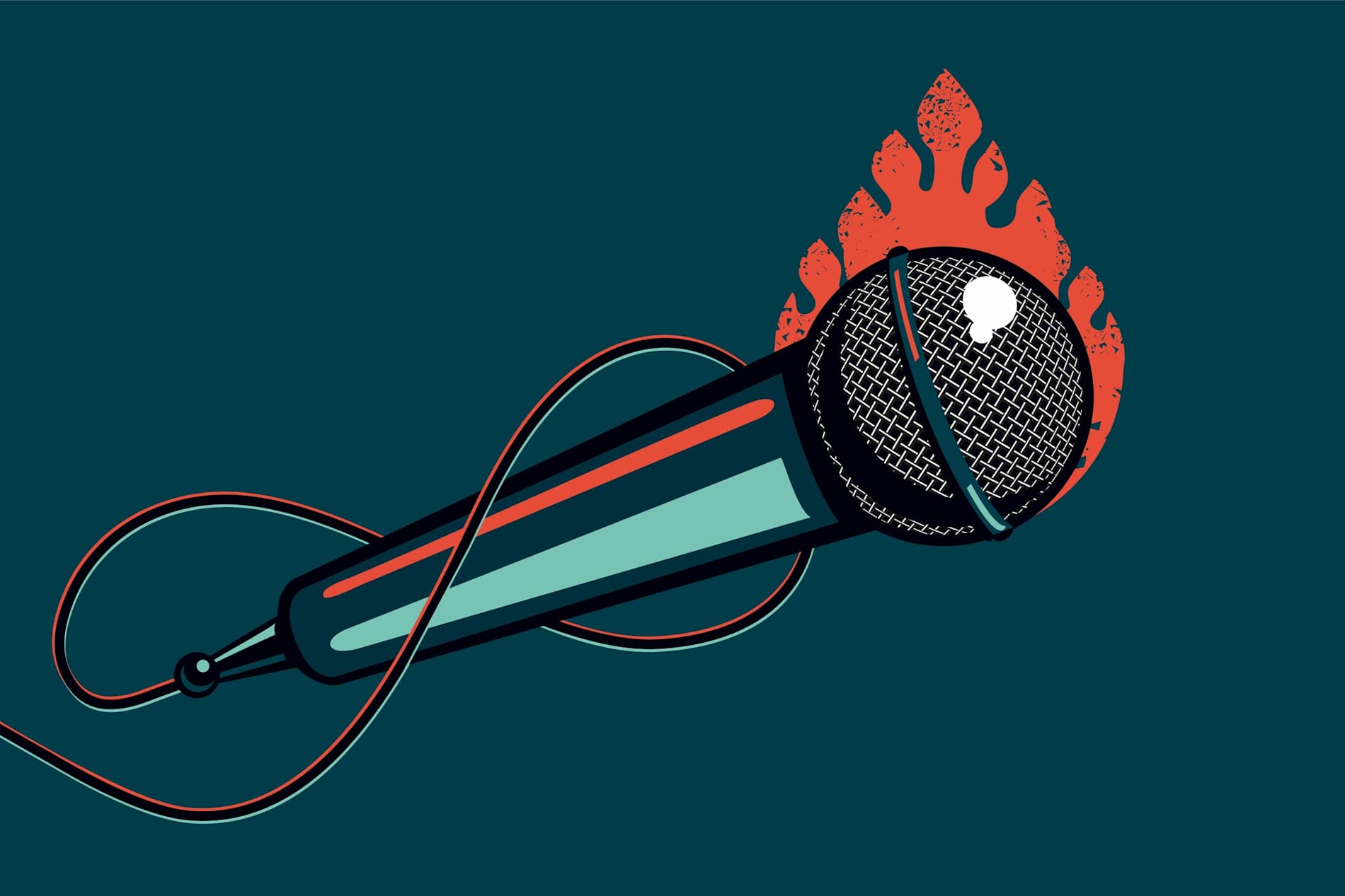 Illustration of a microphone with fire behind it