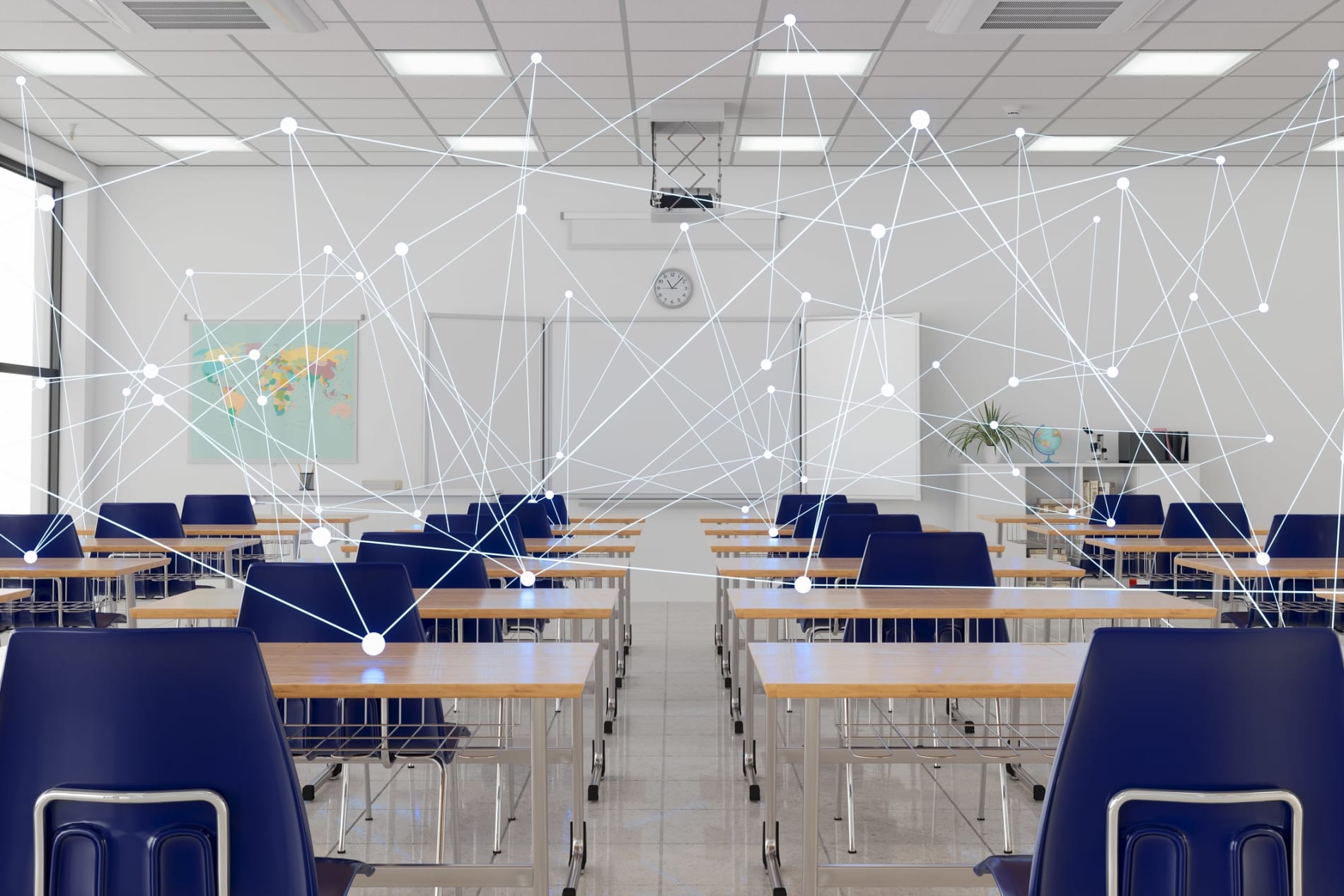 Empty classroom with desks and chairs, with overlaid lines and dots forming a plexus