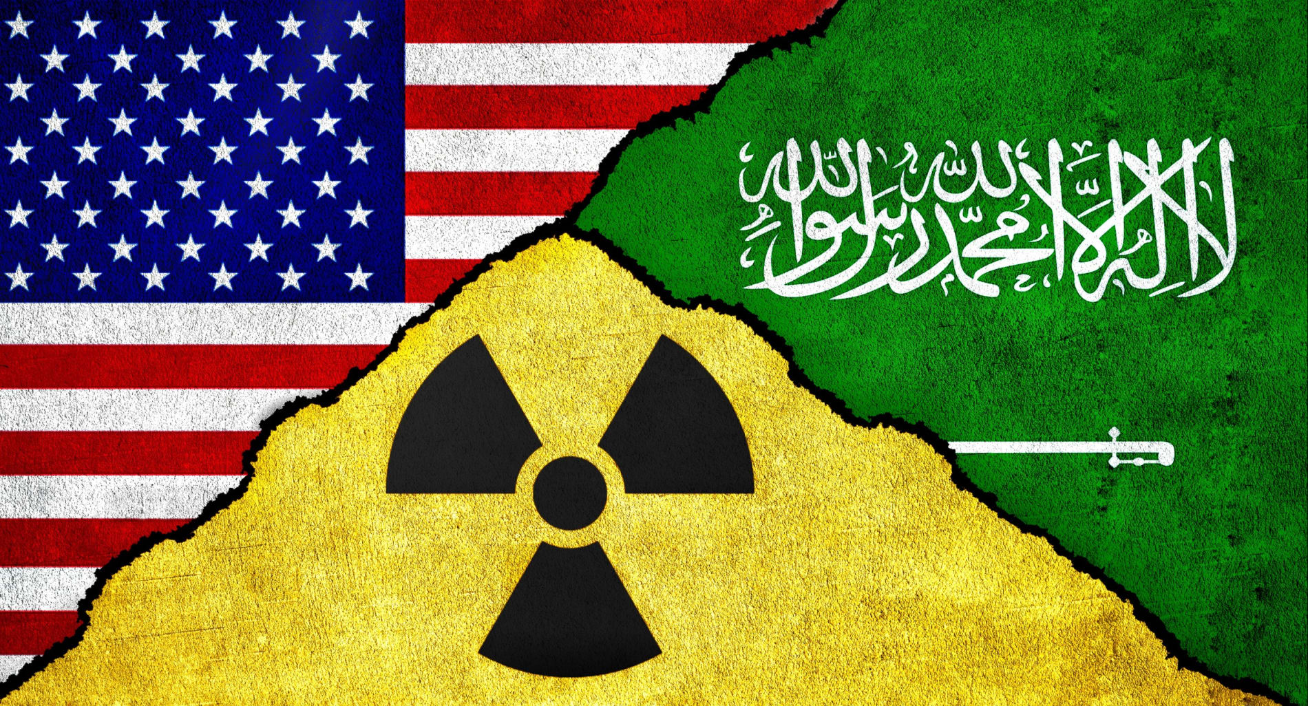 Flags of USA, Saudi Arabia and Nuclear symbol together on a textured wall 