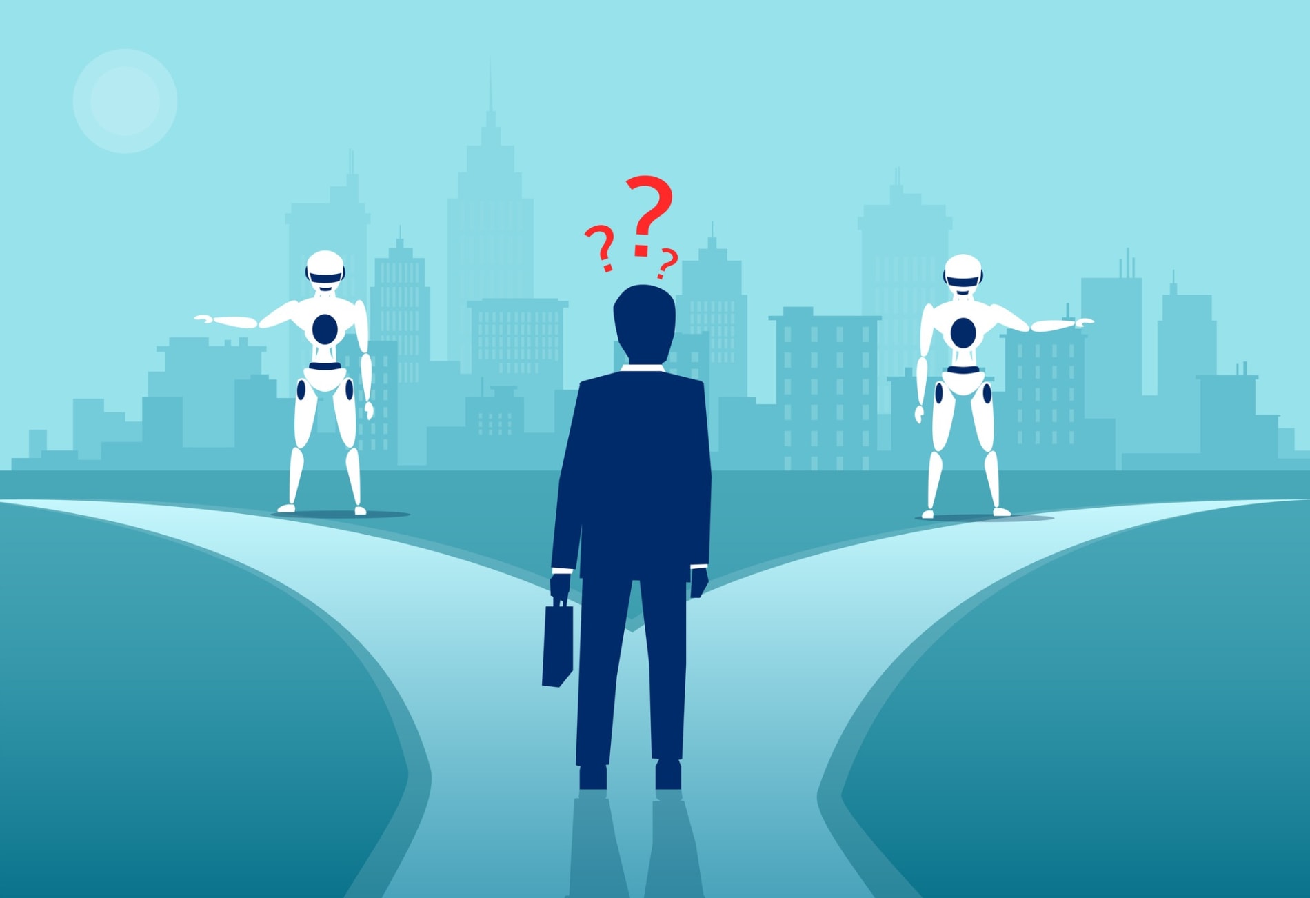 Vector of a confused businessman standing at technology crossroads, with robots pointing in two different directions.