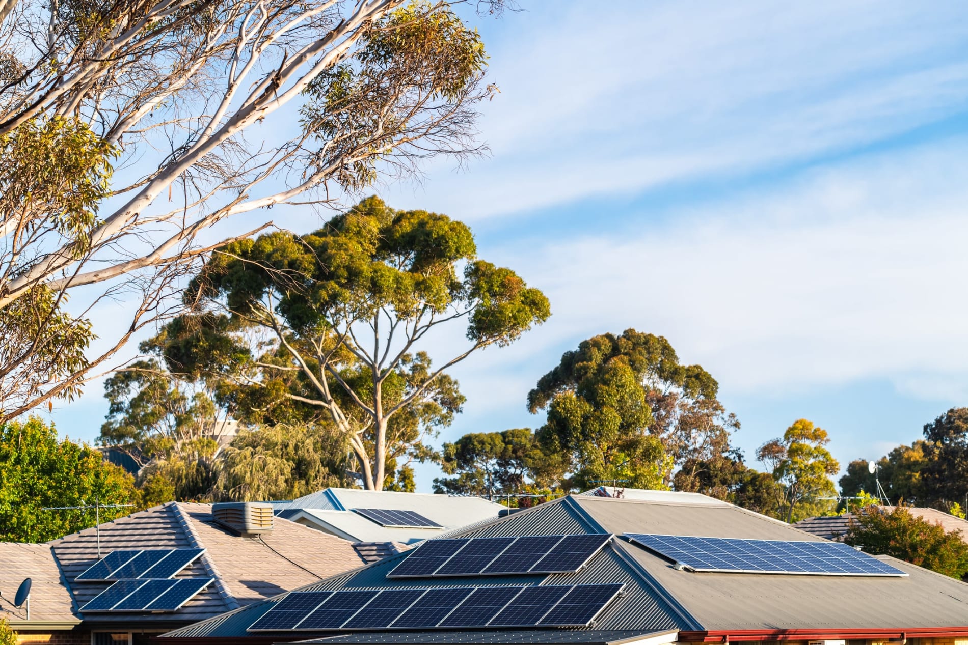 House roofs with solar panels installed in a suburban area of South Australia