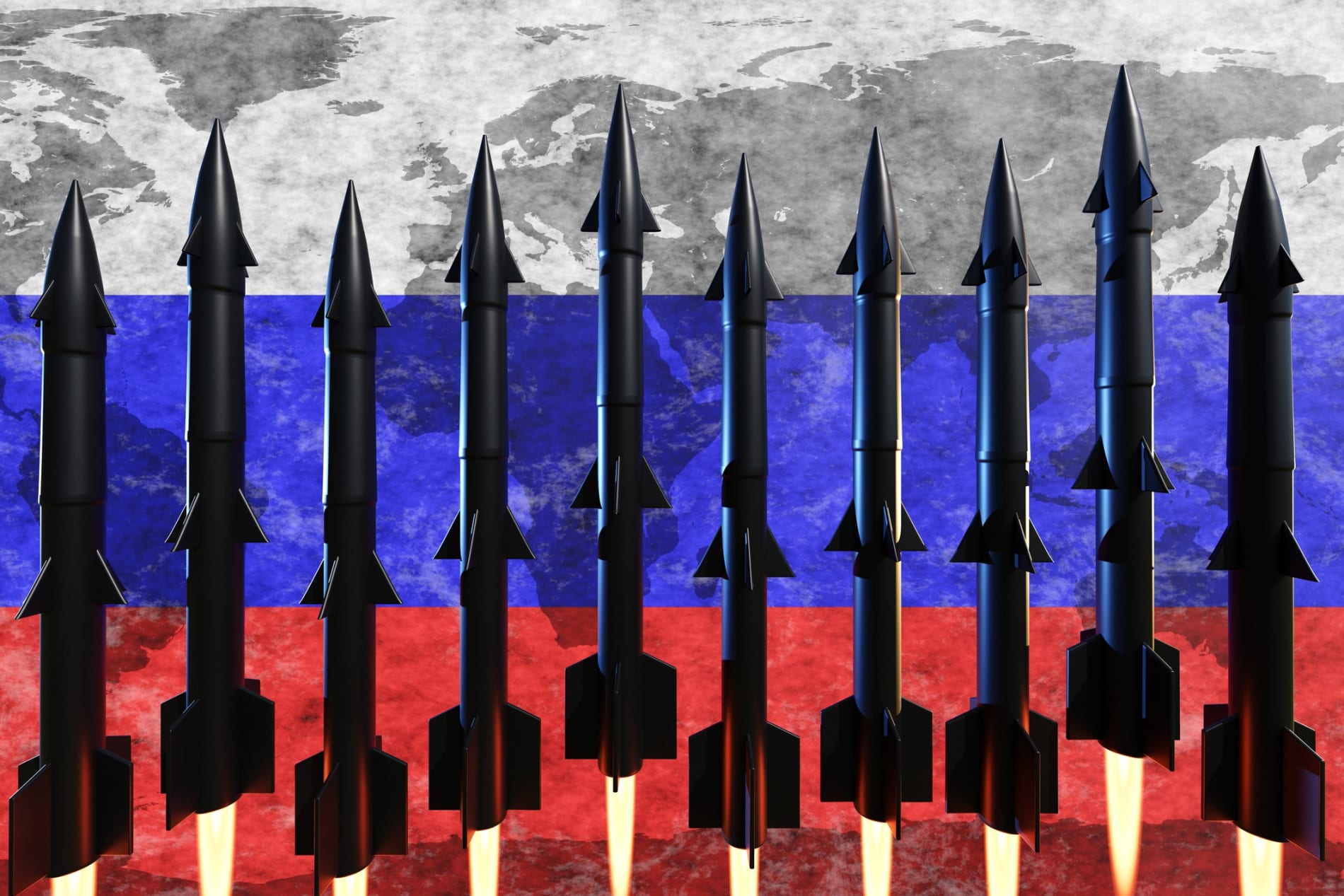 Rows of ignited ballistic missiles on the national flag of Russia and the world map. 