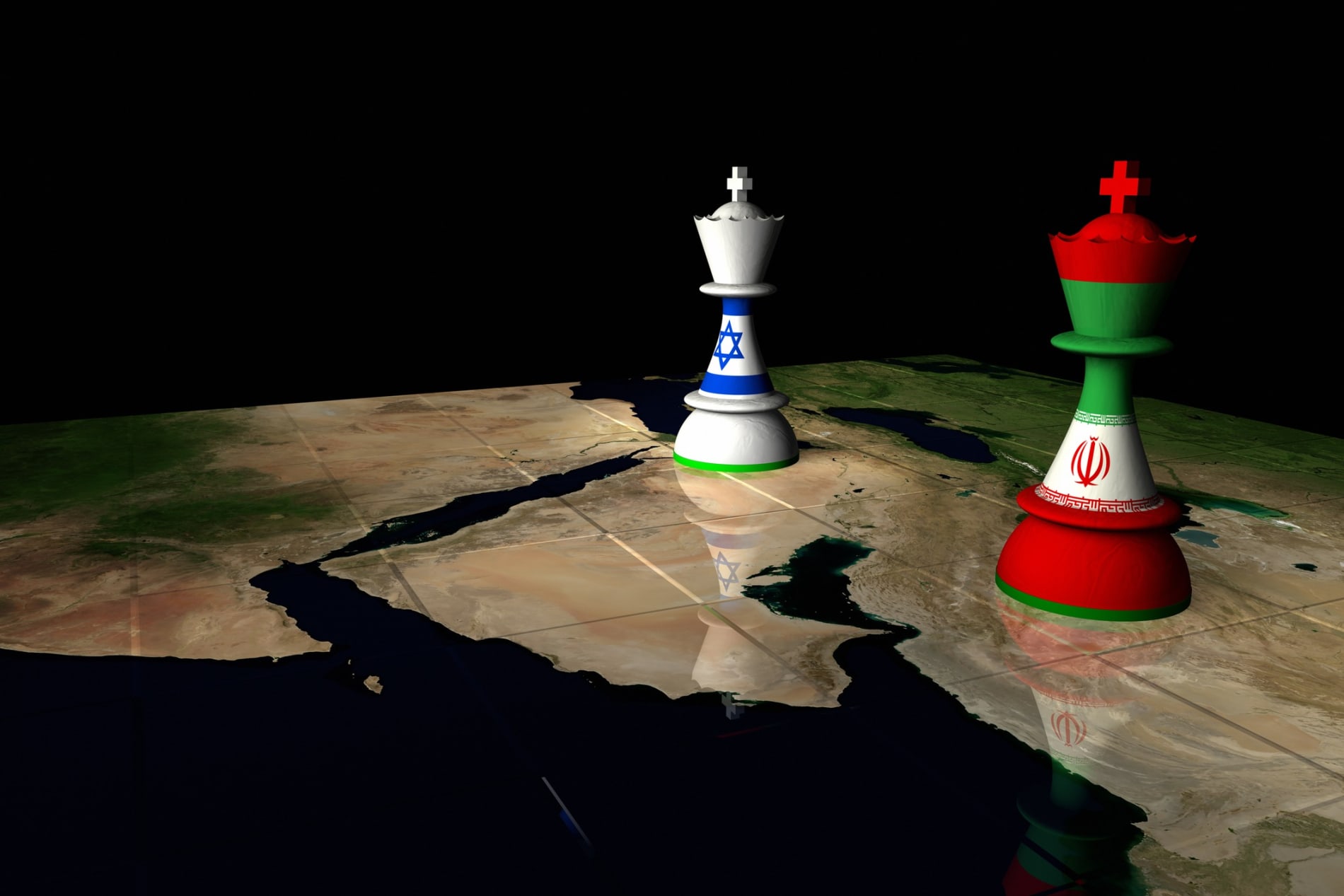 Render of a chessboard decorated a map of the Middle East and with pieces decorated with the Israeli and Iranian flags.