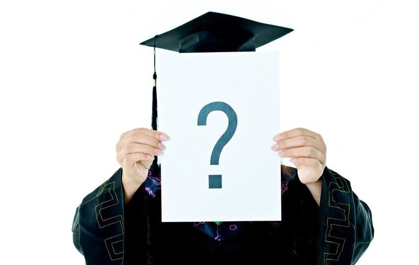 Tertiary student holding up a sign covering her face with a question mark drawn on it.