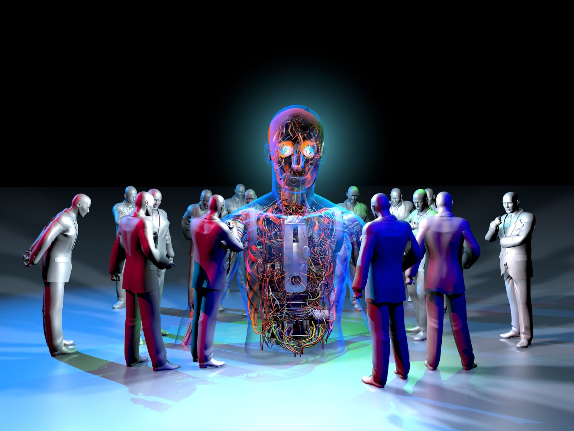 Digital rendering of human figures standing and examining a transparent humanoid figure with internal wiring