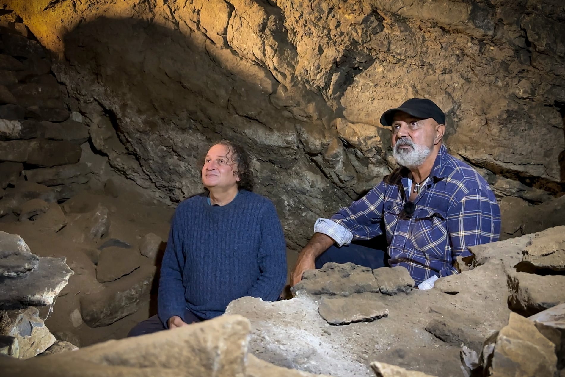 Professor Bruno David and GunaiKurnai Elder Uncle Russell Mullett inside Cloggs Cave.