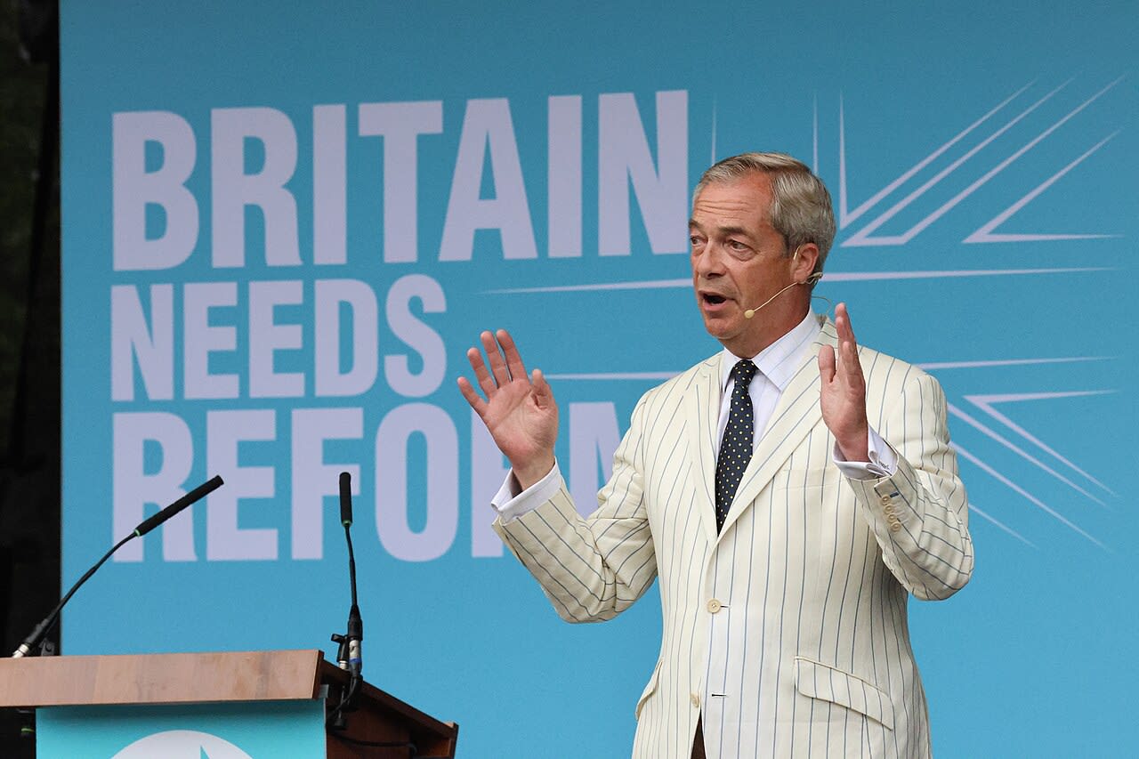 Nigel Farage addressing a Reform UK rally at Trago Mills, Devon, England