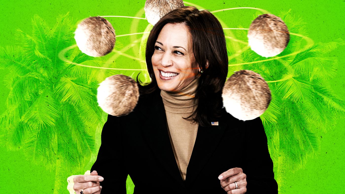 Kamala Harris with a green background.