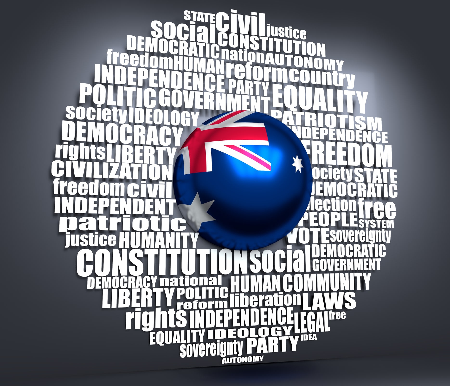 Globe-shaped Australian flag surrounded by many words realting to democracy