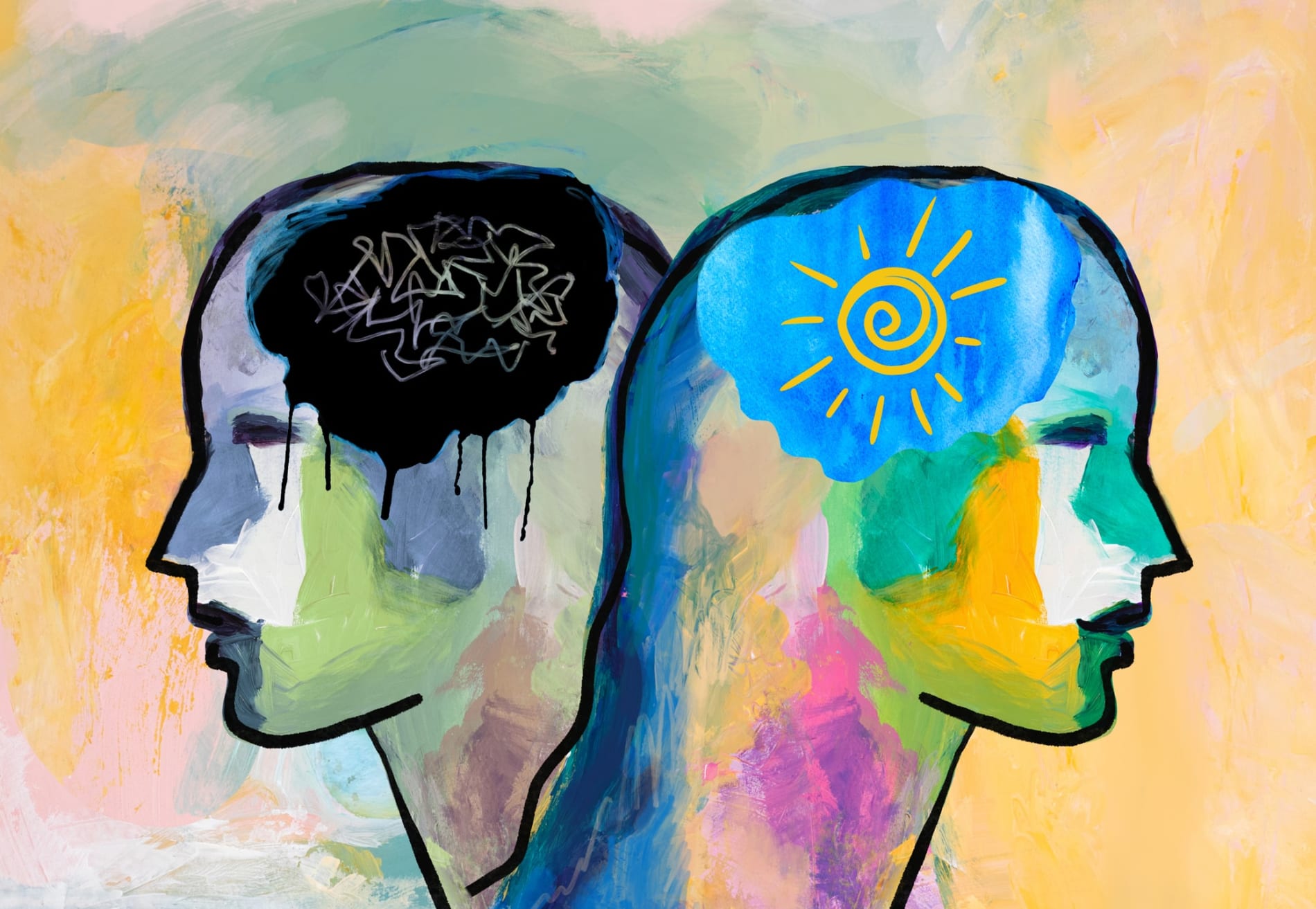 Abstract illustration of two human heads and brains, depicting happiness and sadness