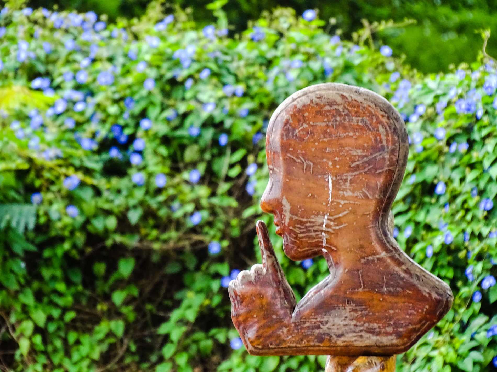 Wooden head with fingers to lips indicating quiet, with bush background