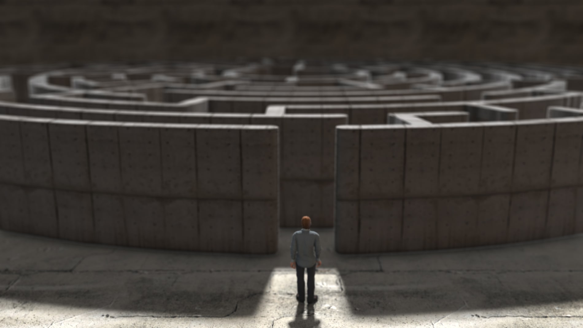 A man stands at the entrance to a maze.