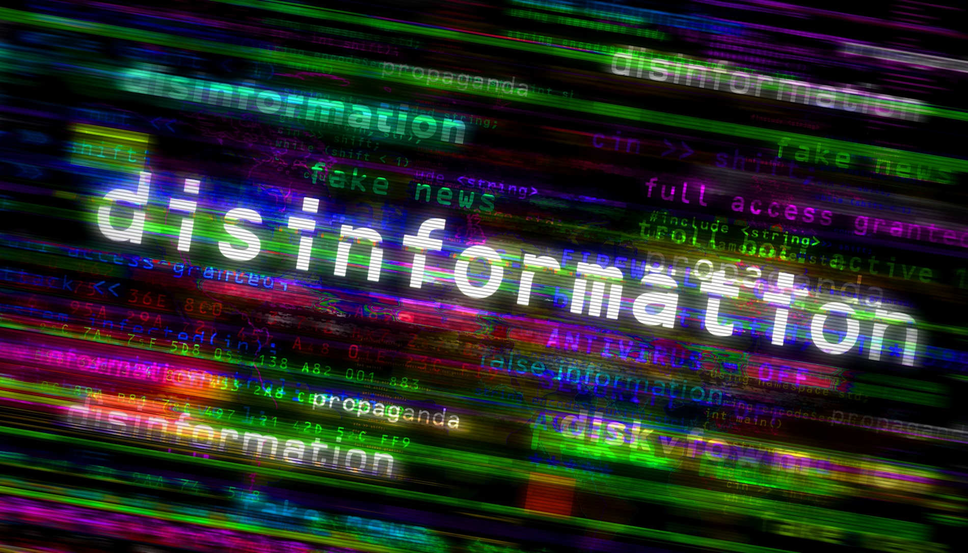 The word "disinformation" in a glitchy digital rendering 