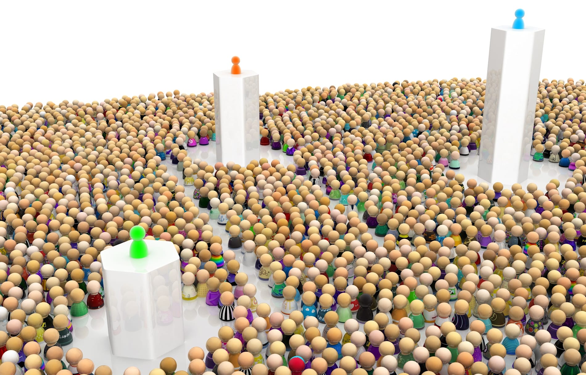 Crowd of small symbolic figures, three hexagon pillars with a single figure standing on top of each,