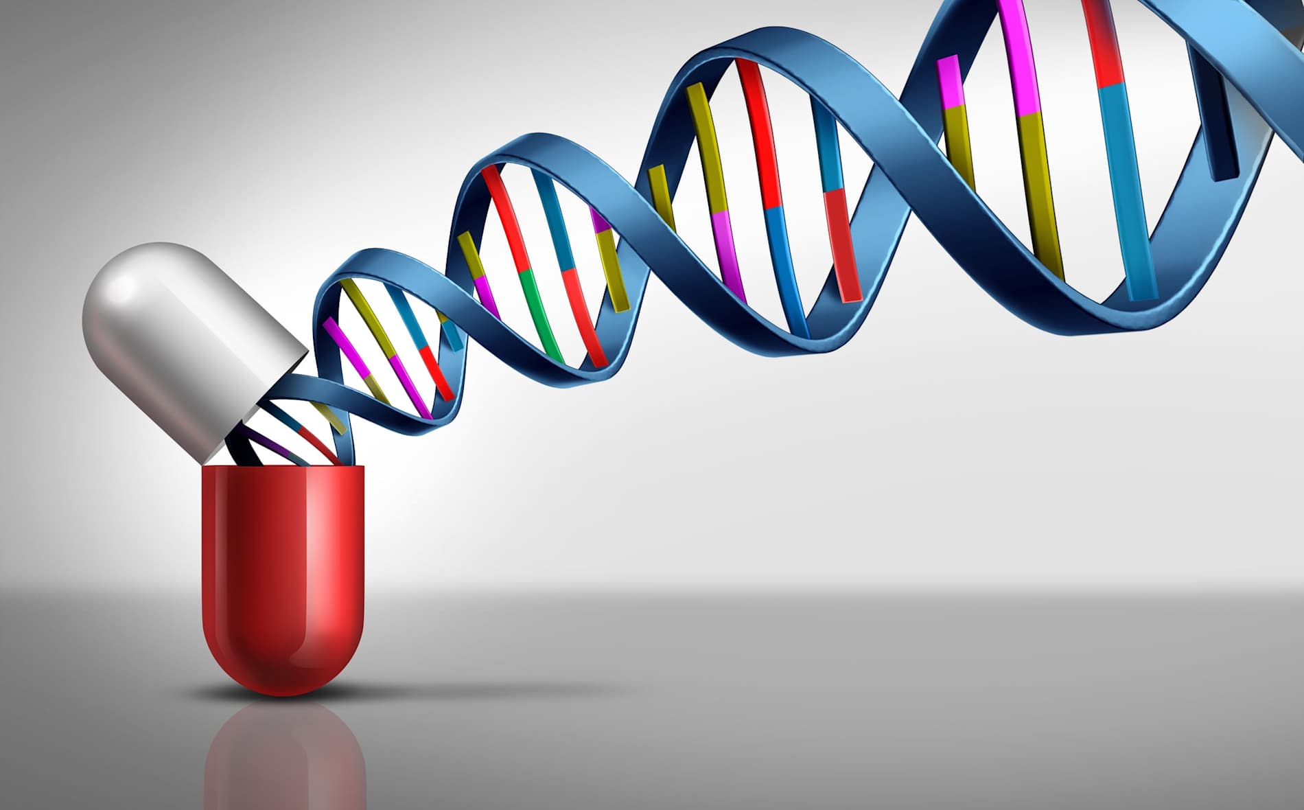 Illustration of an open medicine capsule with coloured DNA strands emerging from it