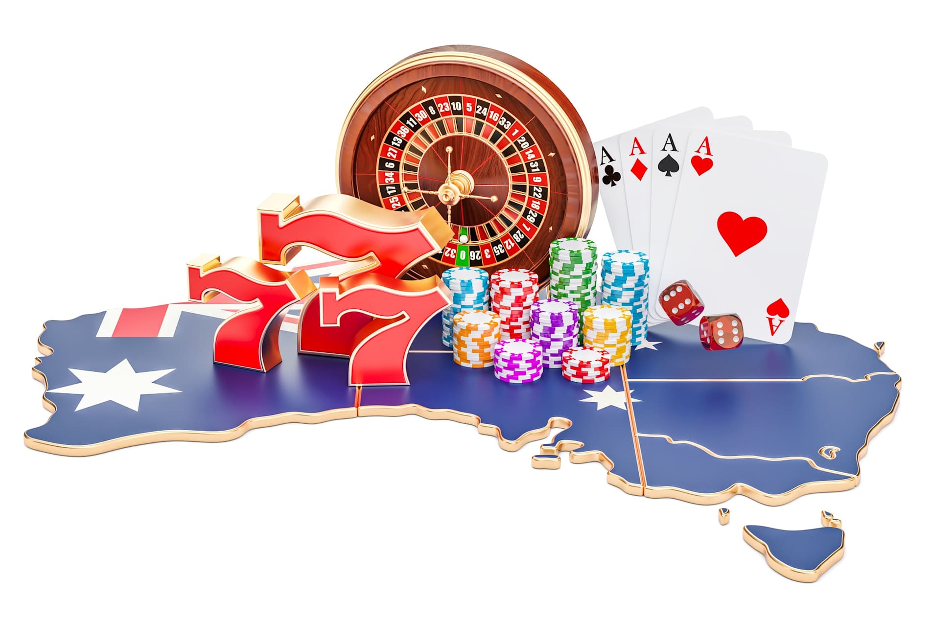 Casino and gambling industry in the Australia concept. Gambling iconography on map of Australia