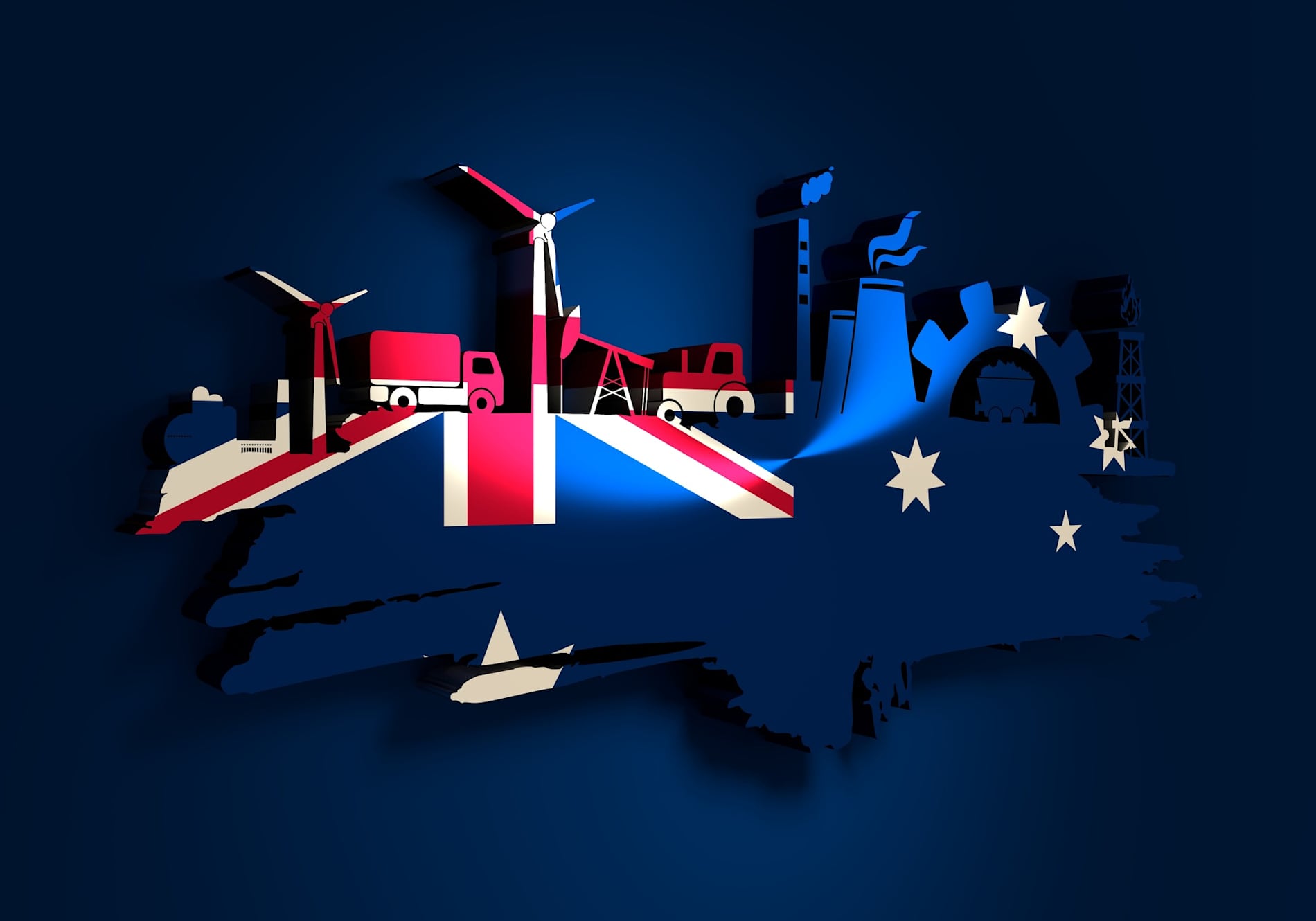Energy generation and heavy industry relative image. Agriculture and transportation. Flag of the Australia