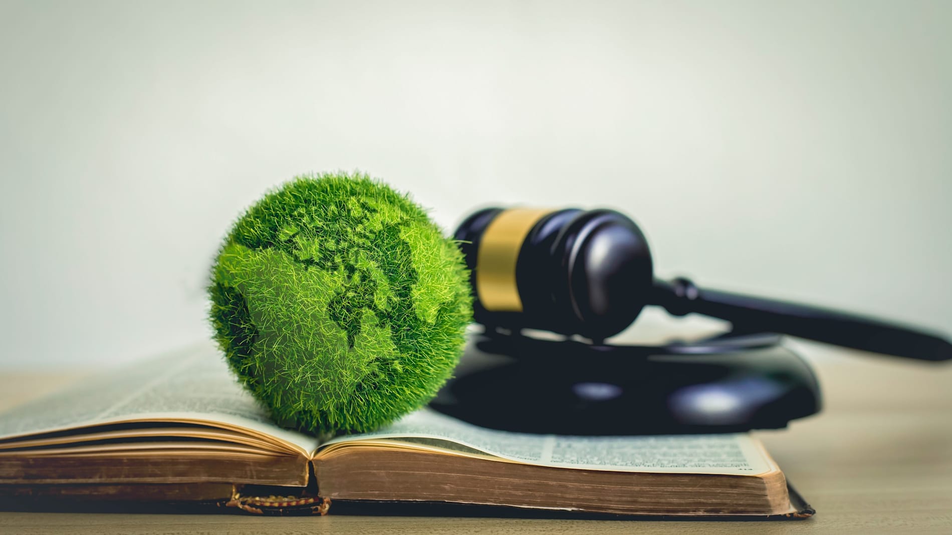 A green world globe sitting in a book with a gavel in the background.
