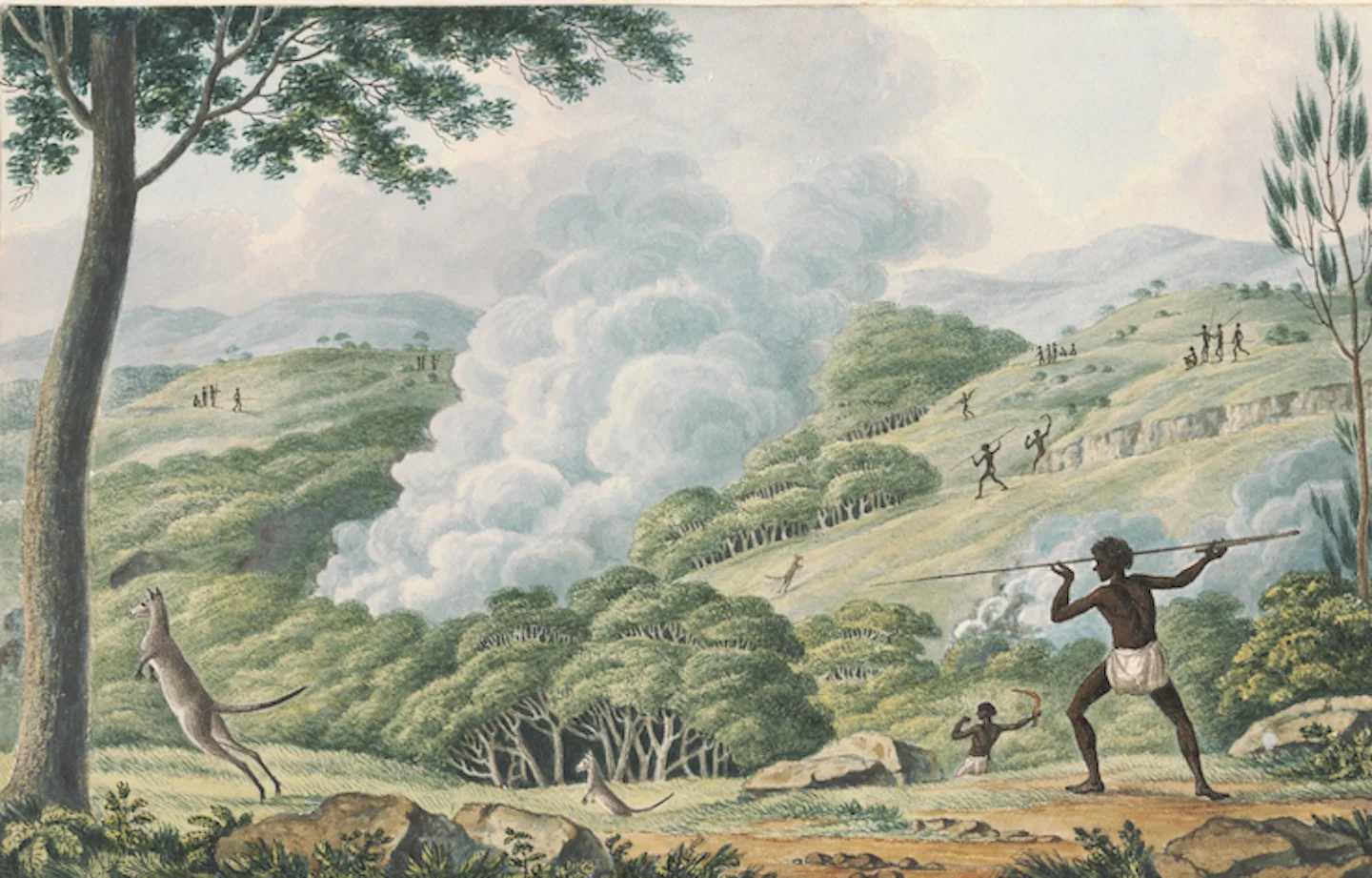 Joseph Lycett, Aborigines using fire to hunt kangaroo (c.1817). Image: National Library of Australia.