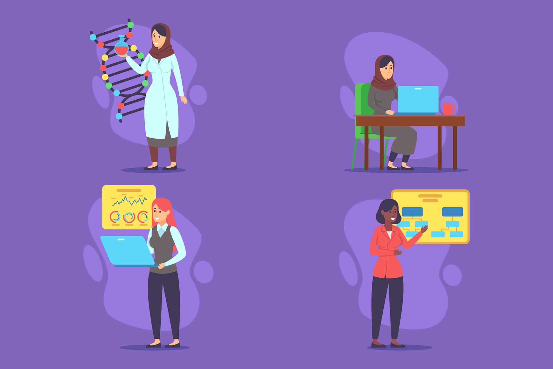 Illustration of a collection of women engaged in diverse fields of science and technology – one analysing data, while others working with DNA models, charts, and presentations