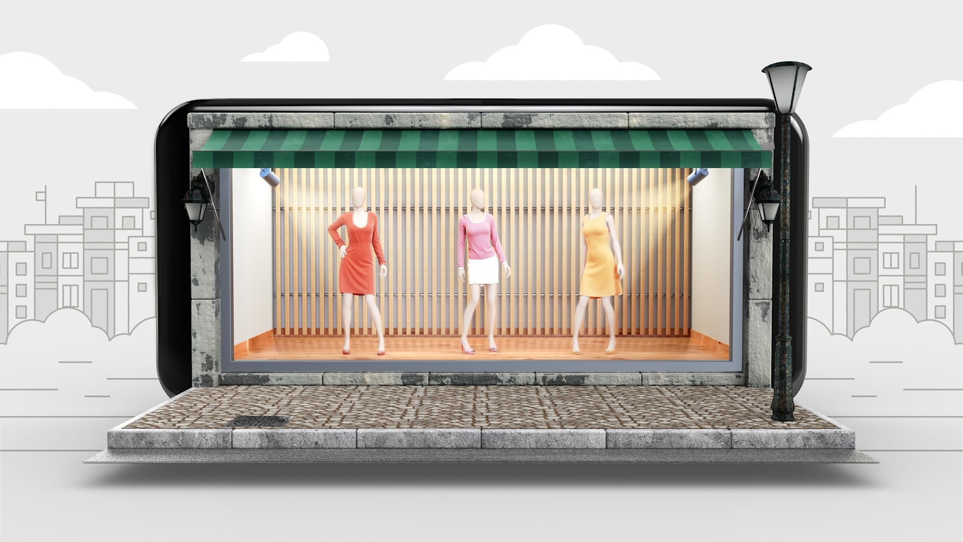 Mannequins in a storefront window framed as a mobile phone