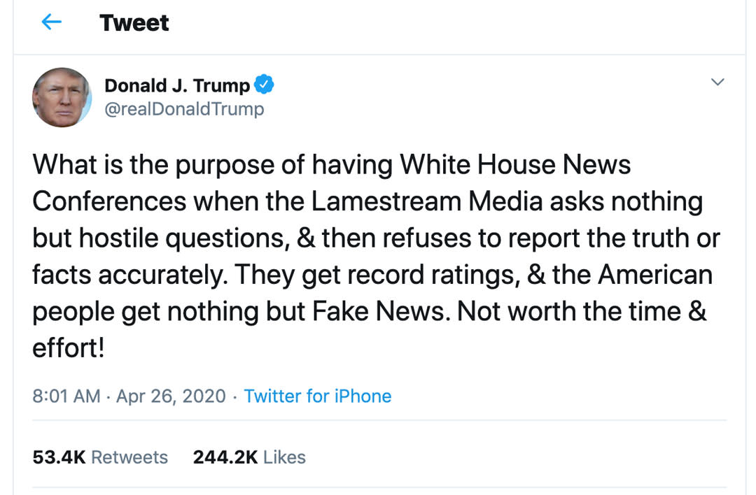 President Trump's twitter post about cancelling daily briefings