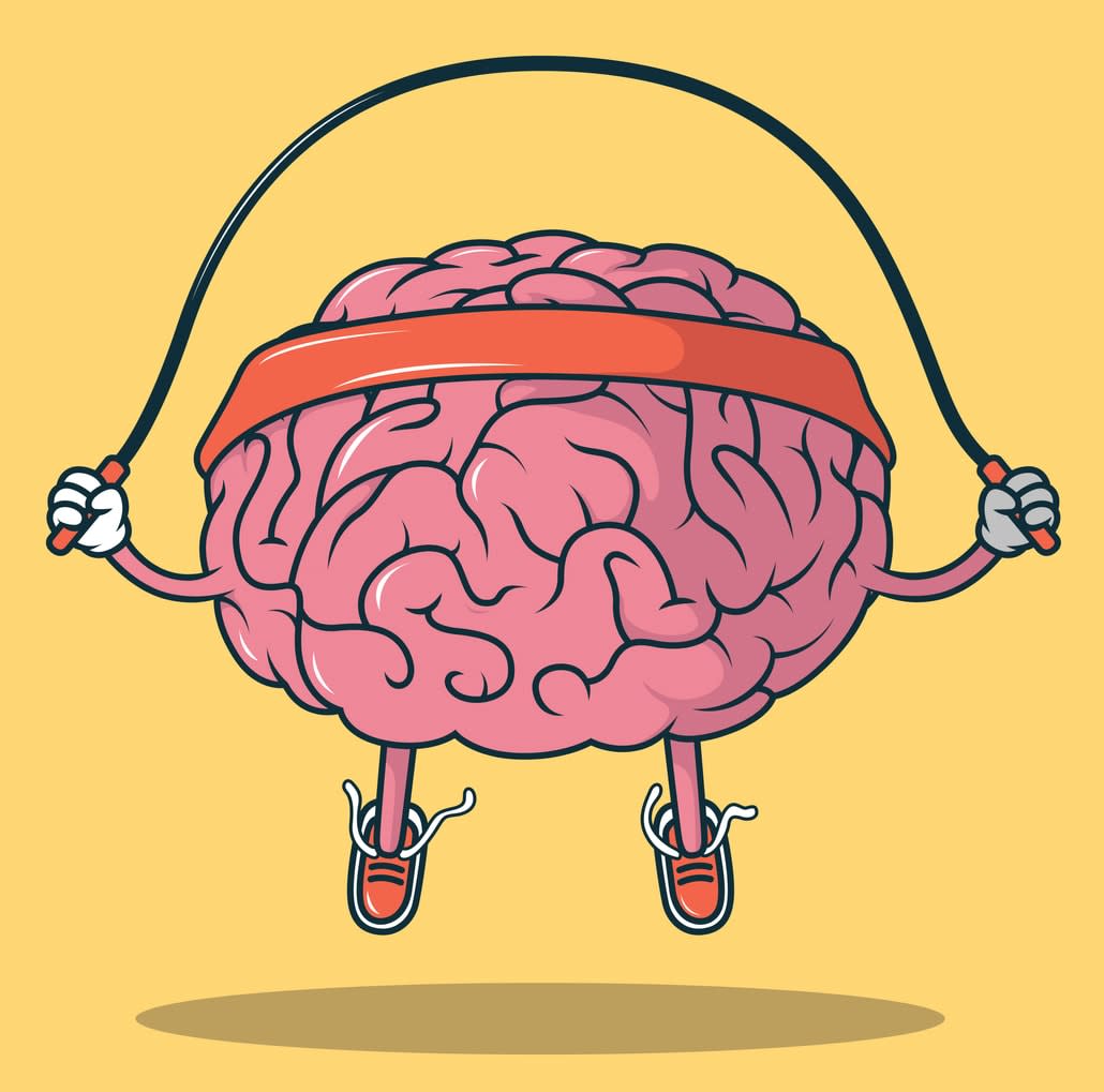 Illustration of a human brain wearing a headband, while skipping rope