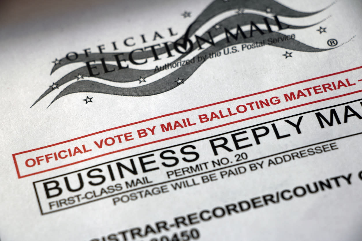 Close-up of UD mail ballot envelope