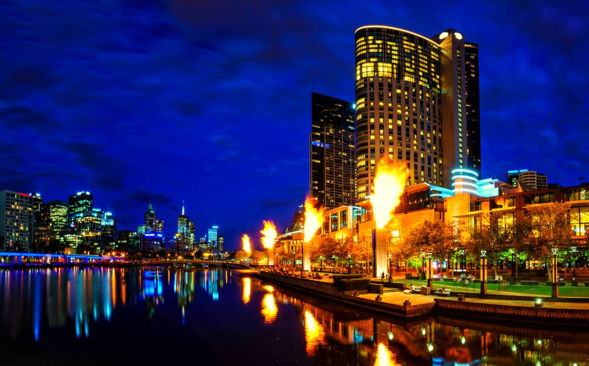 Night shot of Crown casino exterior and the Yarra River