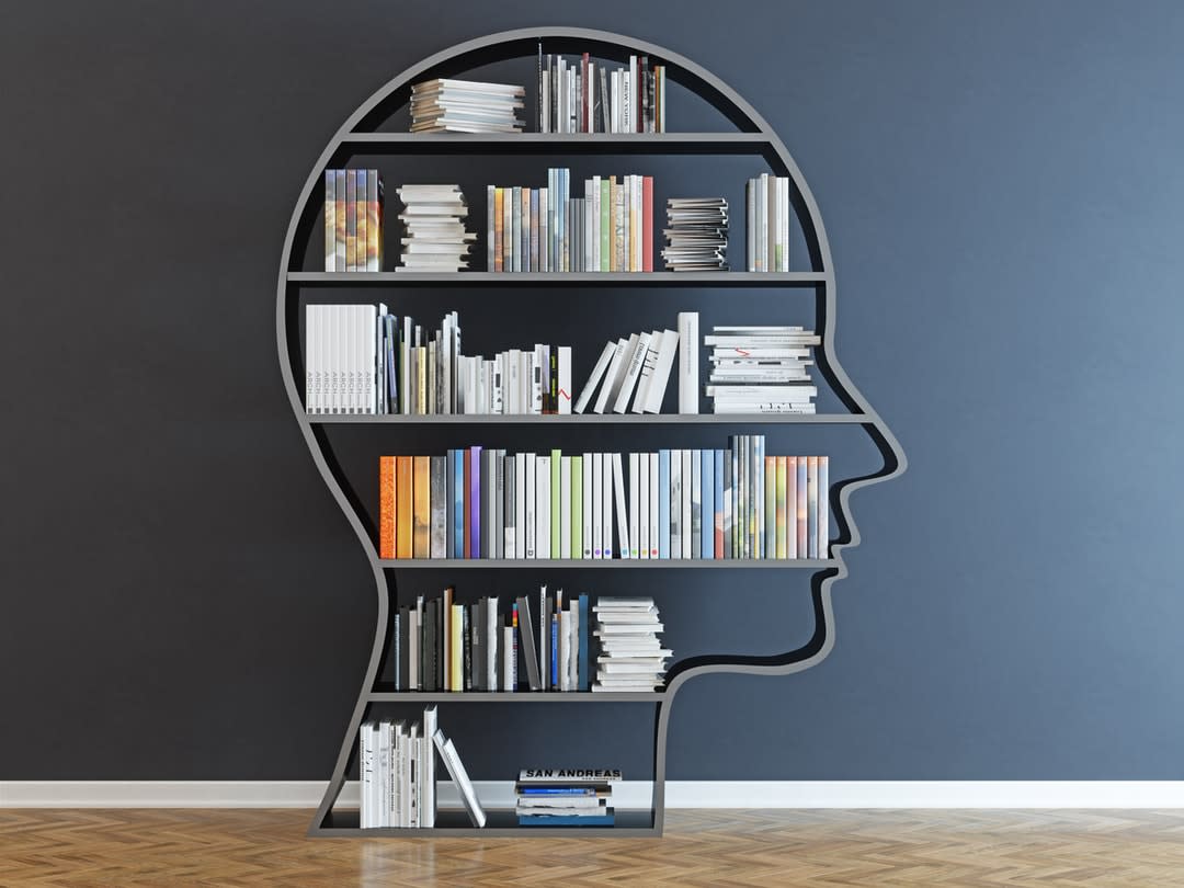 A book shelf in the shape of a person's head, filled with books.