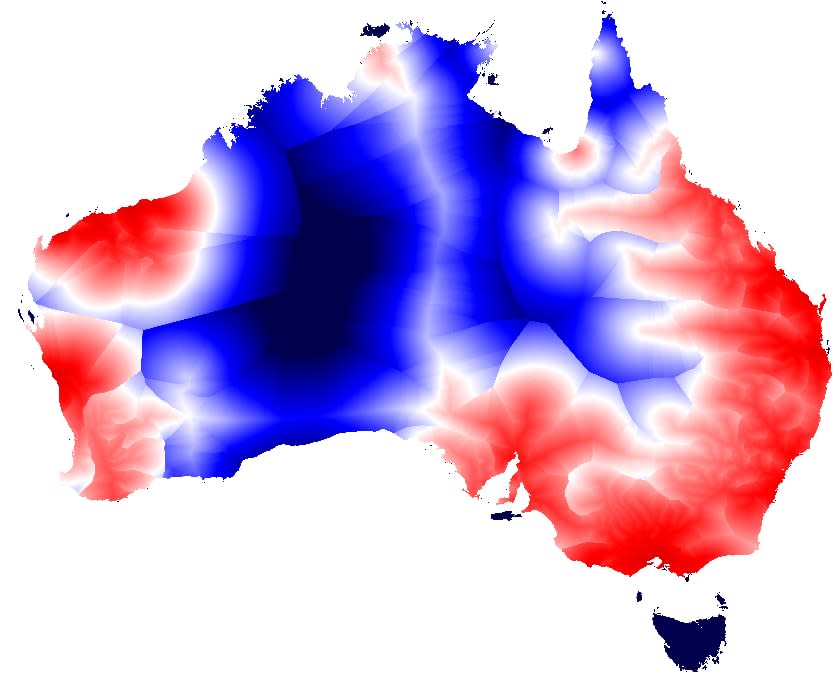 Economically favourable locations (in red) with hydrogen produced by SMR with CCS (with a targeted market price of $3.5/kg and a gas price of $7 per GJ).