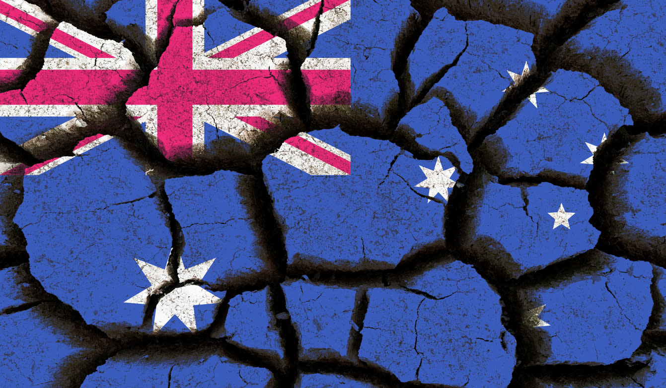 Stylised image of the Australian flag as a cracked, dry riverbed