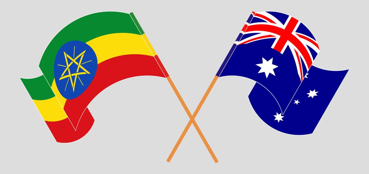 A drawing depicting the flags of Ethiopia and Australia, with the poles crossed at the bottom