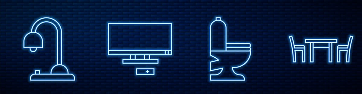 Illustration depicting a lamp, TV, toilet, and table and chairs, representing items in smart home 