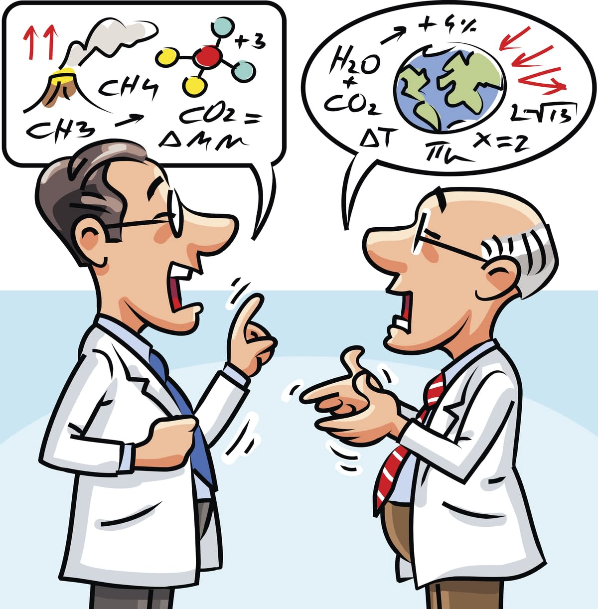 Vector illustration of two elderly scientists having an heated debate. Concept for scientific disagreement, climate change or global warming.