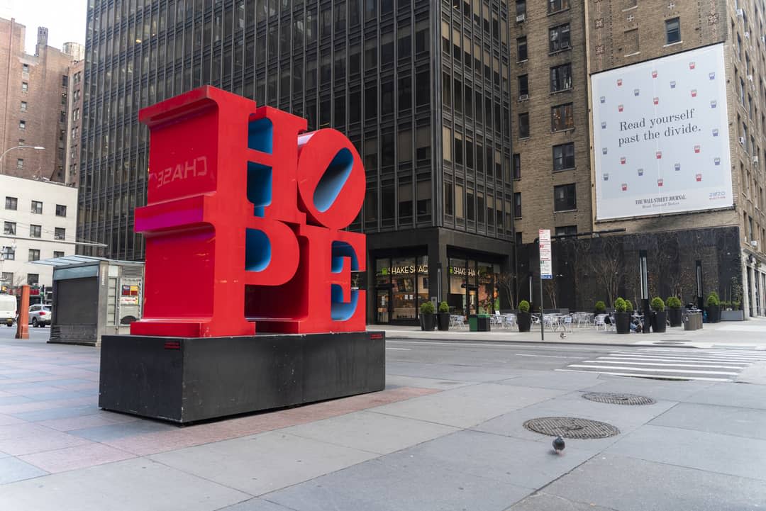 HOPE sculpture by Robert Indiana on the streets of Midtown Manhattan