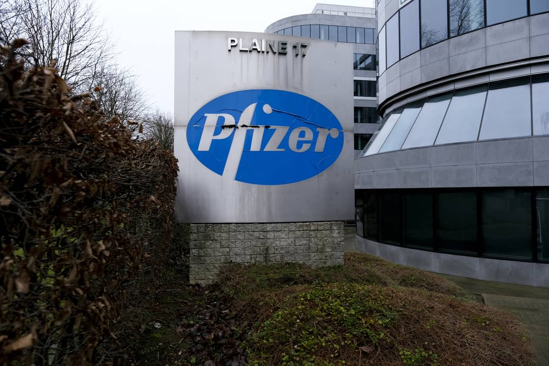 Pfizer building with company sign out the front.