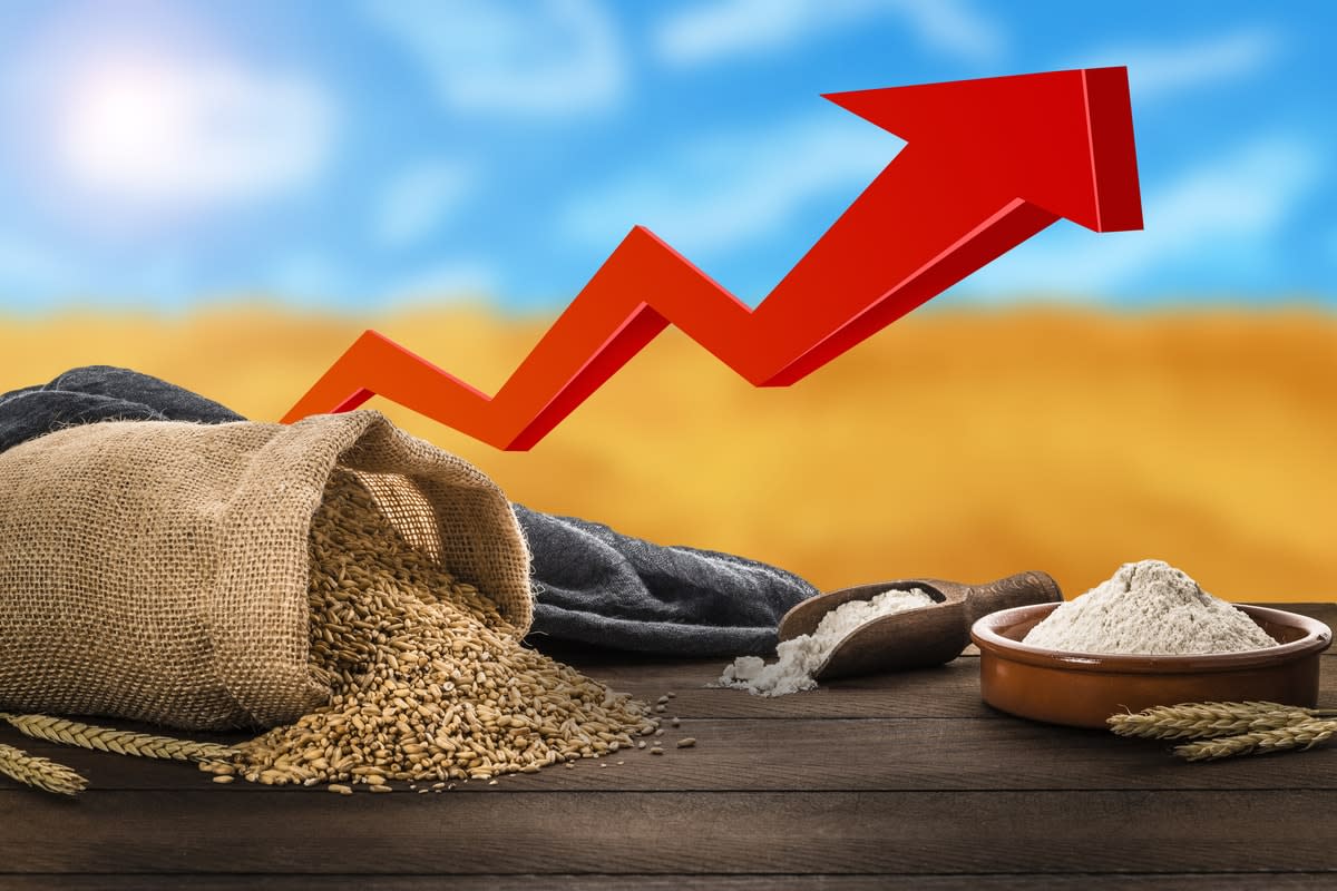 Front view of a sack of wheat laying down on a wooden table beside a bowl and a serving scoop fool of flour. Behind the table is a defocused wheat field and a moving up red arrow. This image represents the increase in the price of wheat caused by the conflict between Ukraine and Russia.