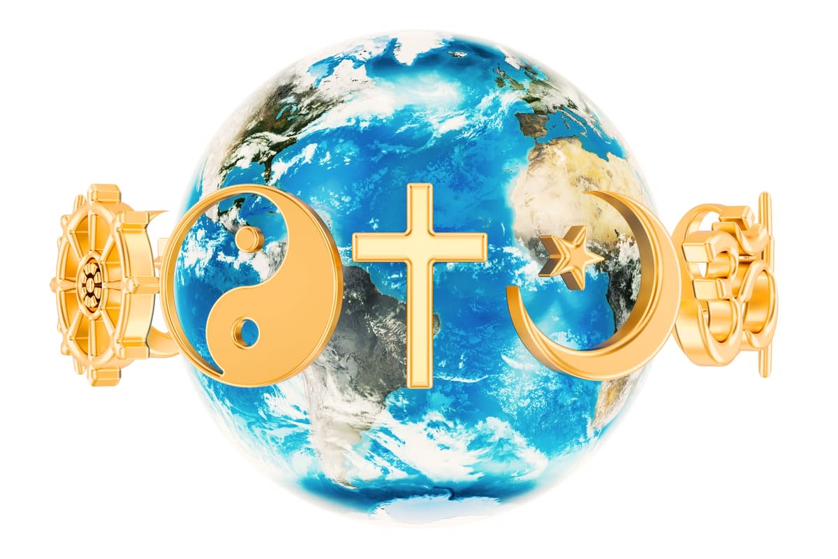 Rendering of the Earth circled by icons representing different religious faiths