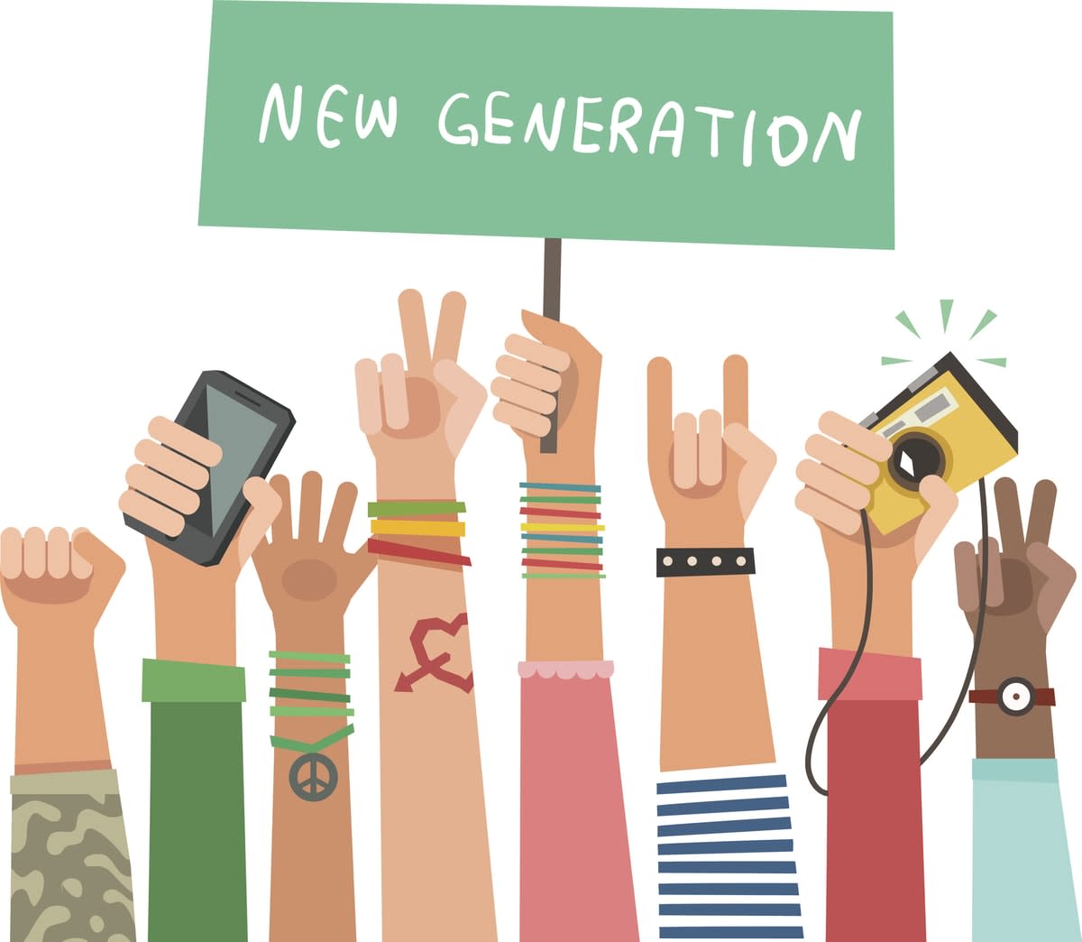 Illustration of young people's held, one holding banner reading 'New generation' 