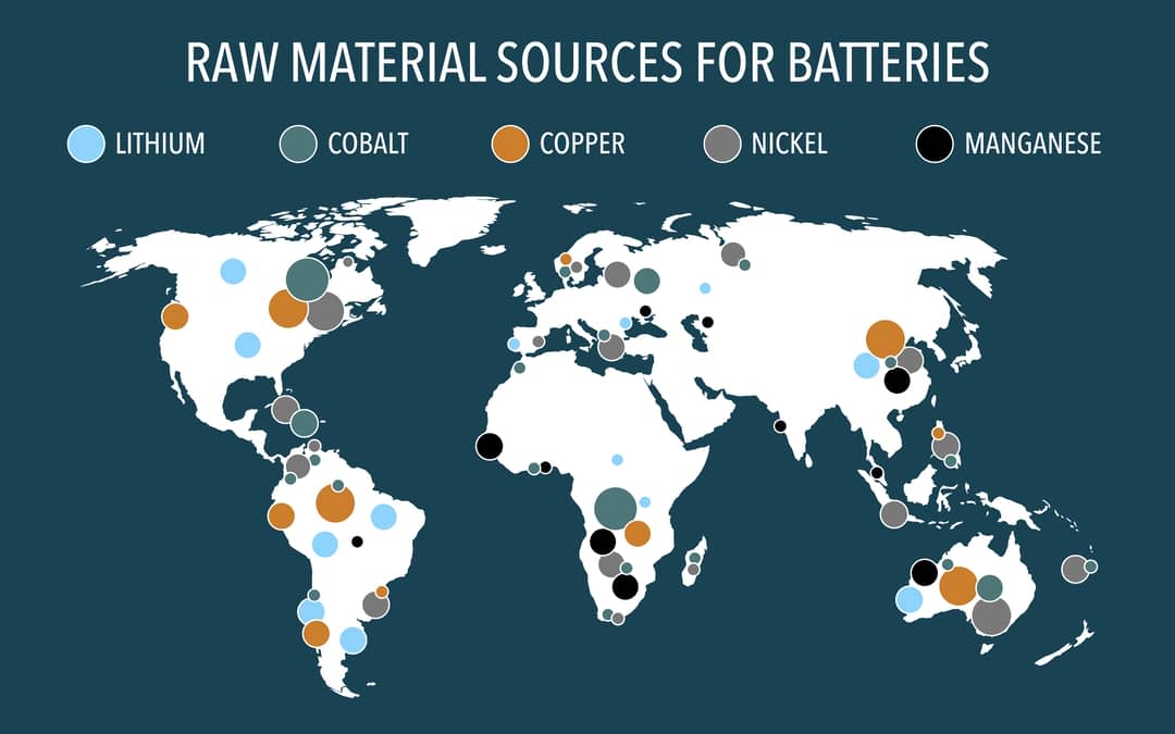 A world map showing raw material sources to make batteries