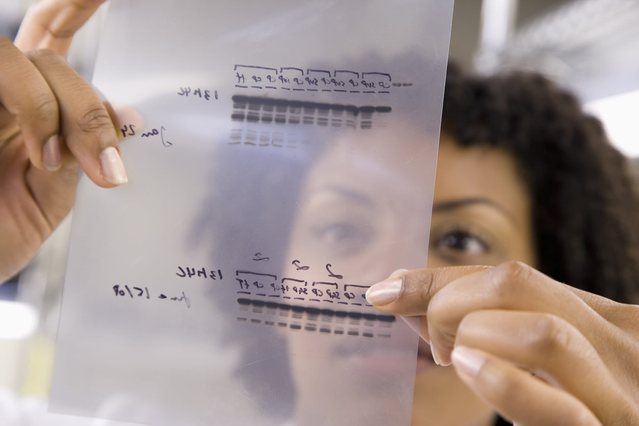 A woman examining a set of lab results on a piece of plastic