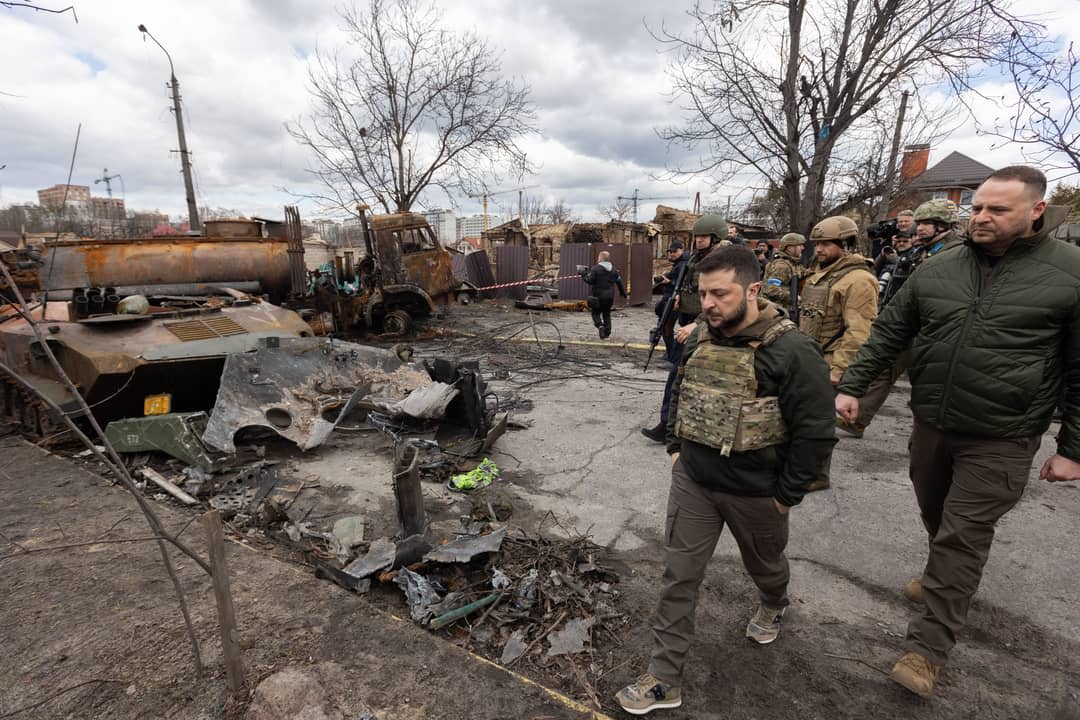 Ukraine president Volodymyr Zelenskyy in Bucha after Russia's invasion of Ukraine