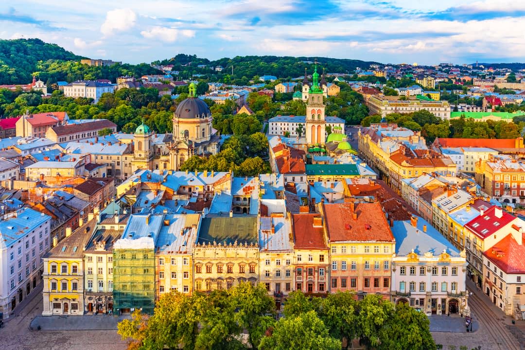 aerial view of the Market Square architecture in the Old Town of Lviv