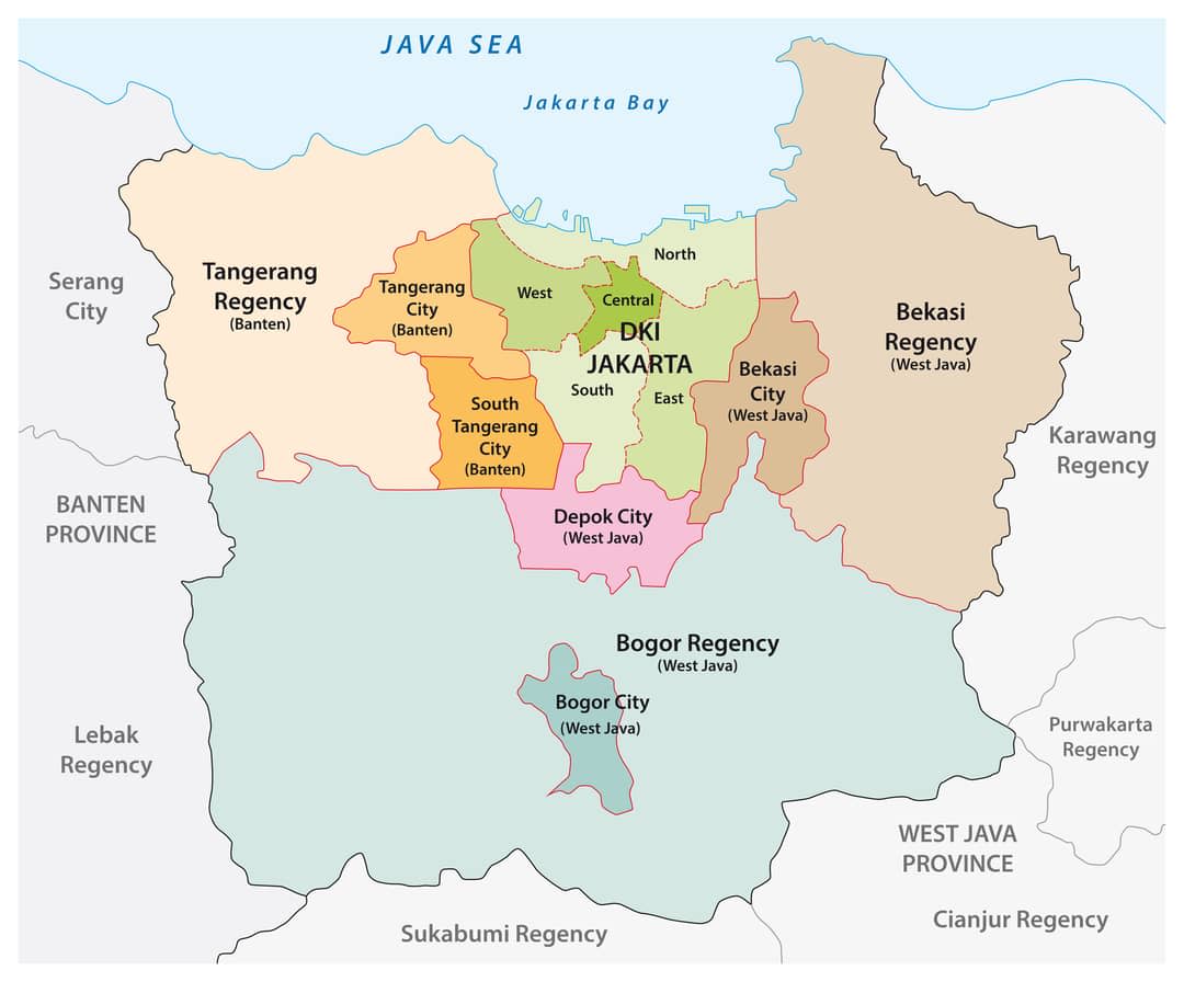 Administrative vector map of the Jakarta metropolitan area, the most populous metropolitan area in Indonesia