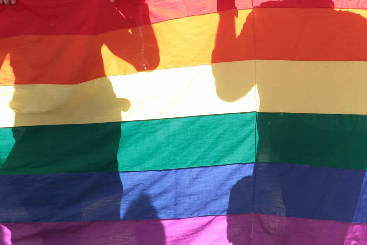 Two figures silhouetted behind a rainbow flag