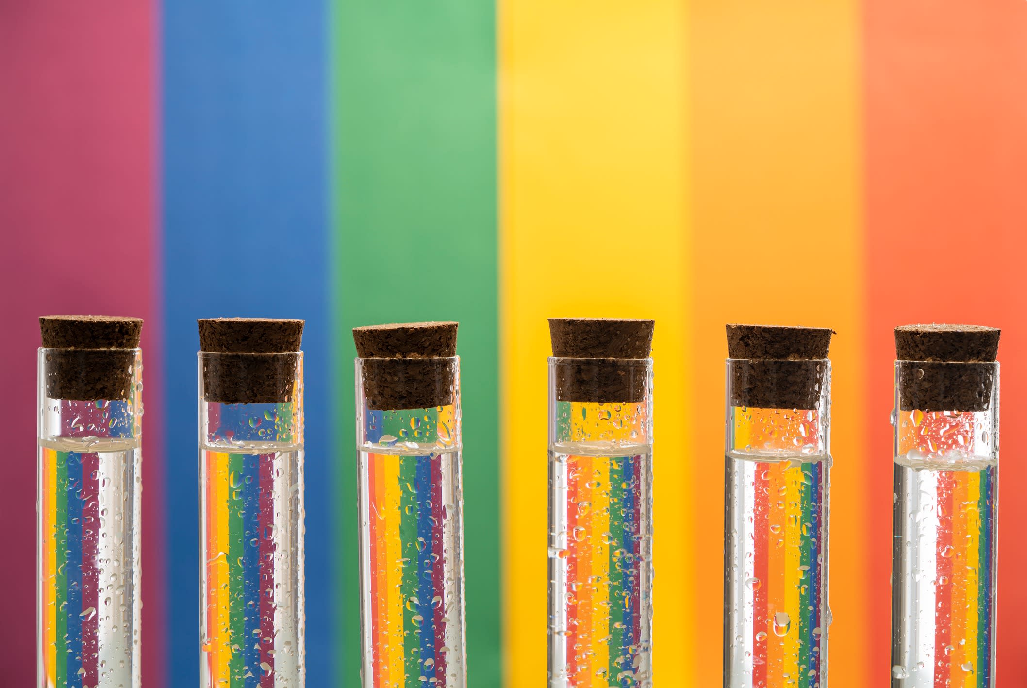 Test tubes against a rainbow flag background