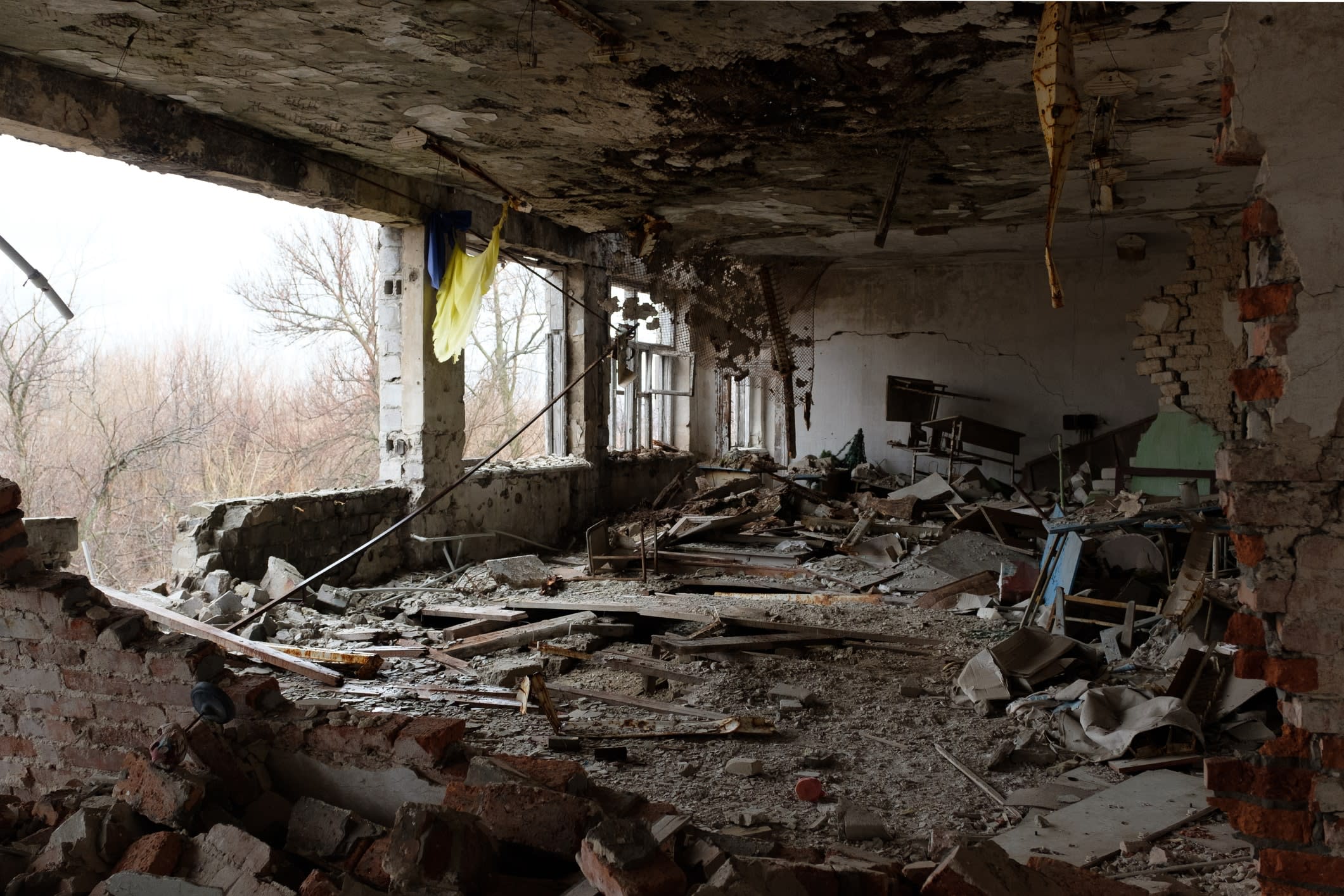 A bomb-ruined school interior in Opytne in the Donetsk region of Ukraine