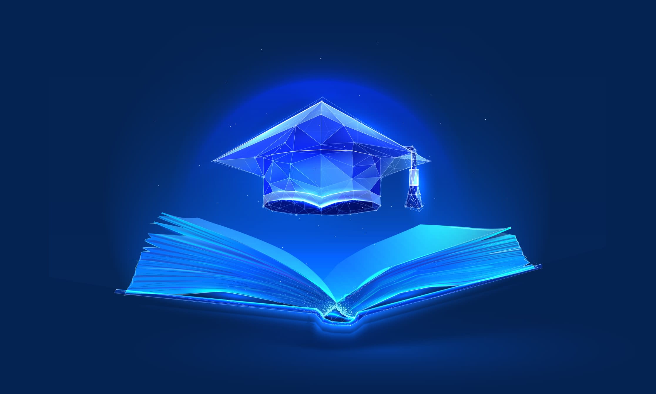 Illustration of a digitised graduation cap hovering above a book